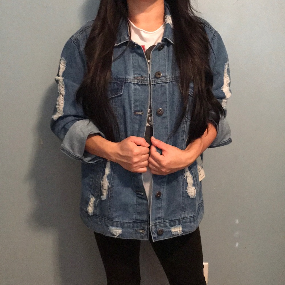 Distressed Ripped denim jean jacket